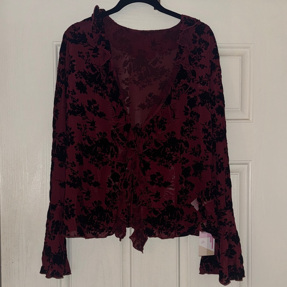 Burgundy mesh with Black Floral Women's Blouse